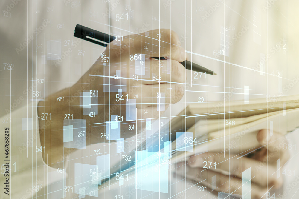 Poster abstract creative analytics data spreadsheet with man hand writing in diary on background, analytics