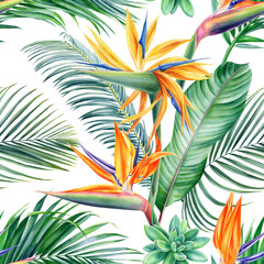 Tropical flowers, palm leaves. Exotic plants seamless pattern, watercolor botanical painting, digital paper