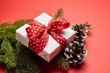 Gift box with green Christmas tree branch on red
