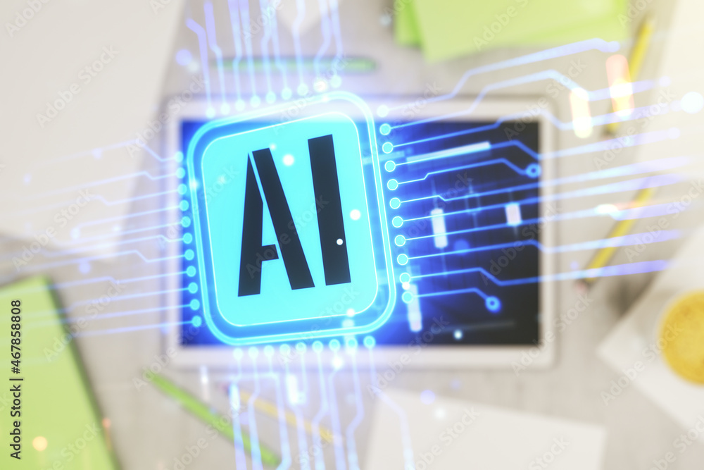 Poster Double exposure of creative artificial Intelligence icon and digital tablet on background, top view. Neural networks and machine learning concept
