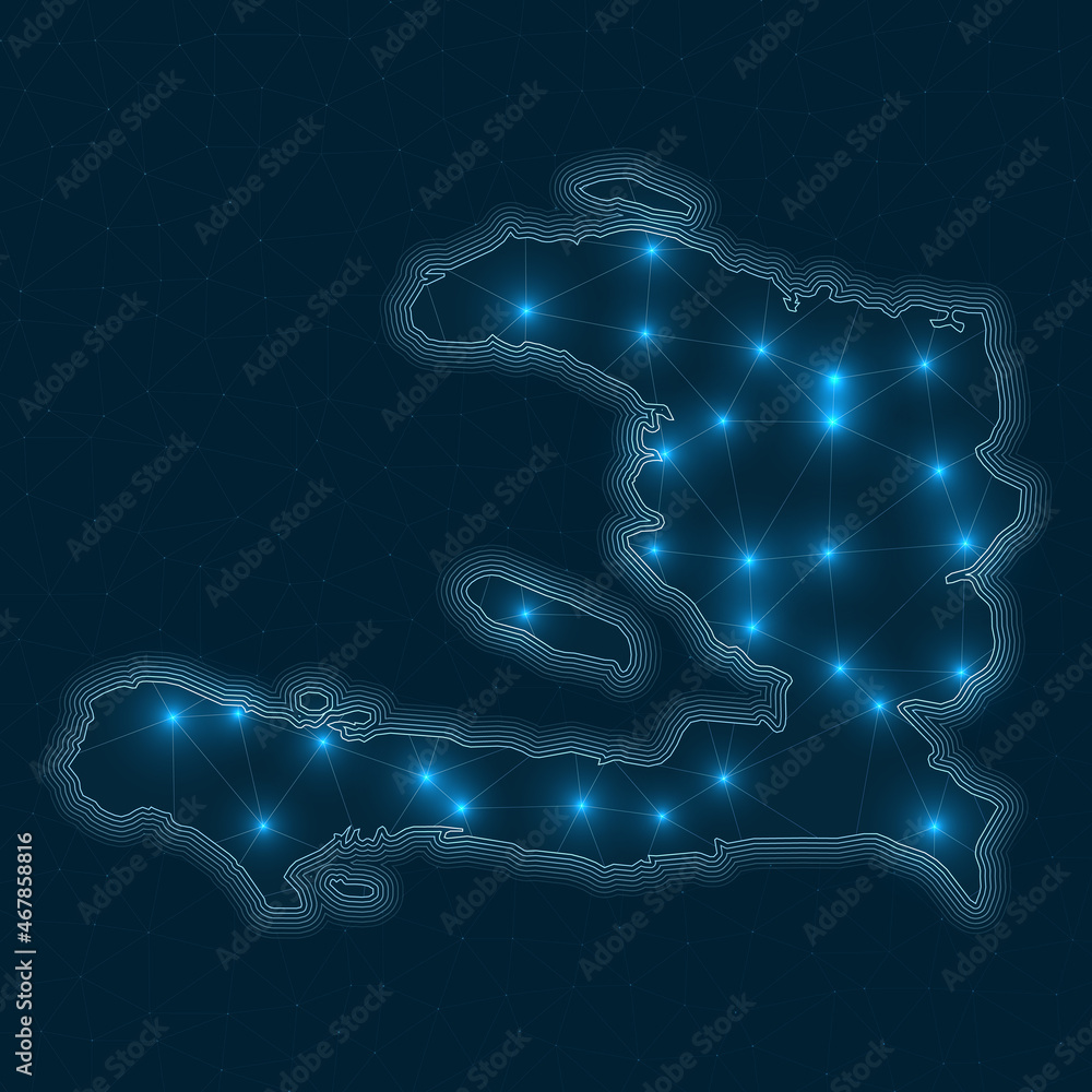 Poster haiti network map. abstract geometric map of the country. digital connections and telecommunication 