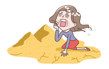 砂漠で肌の乾燥を嘆く女性