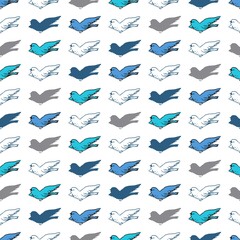 Abstract Seamless Pattern with Birds Cartoon Vector Silhouette and Line Art
