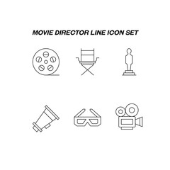 Cinematography concept. Movie line icon set. Collection of vector signs of cine film, directors armchair, award statue, 3d glasses, video camera