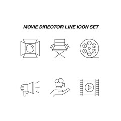 Cinematography concept. Movie line icon set. Collection of vector signs of studio light, directors armchair, cine film, loud speaker, videocamera, film, celluloid