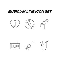 Music concept. Singer line icon set. Collection of vector signs of cd disk, music note, microphone, guitar, synthesizer