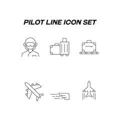 Pilot line icon set. Modern outline high quality illustration for banners, flyers and web sites. Editable strokes of wing, pilot, aircraft, luggage