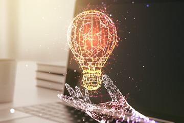 Fototapeta na wymiar Creative light bulb illustration on modern computer background, future technology concept. Multiexposure