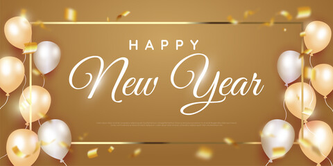 Realistic happy new year banner with confetti on gold theme background
