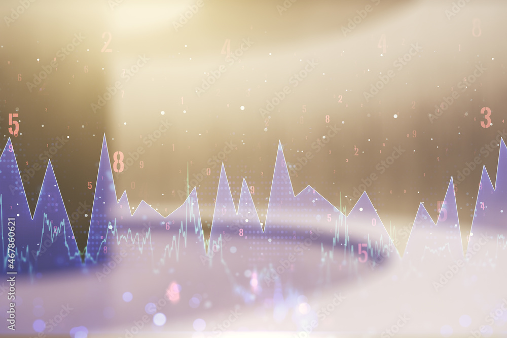 Poster double exposure of abstract virtual statistics data hologram on empty modern office background, stat