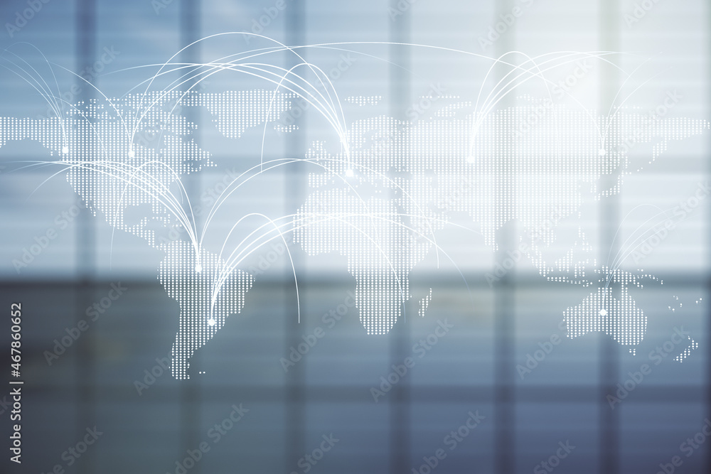 Poster double exposure of abstract digital world map hologram with connections on empty modern office backg