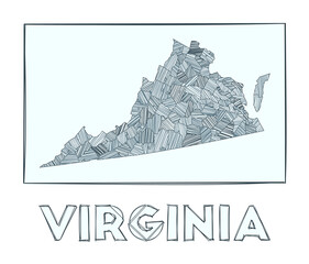 Sketch map of Virginia. Grayscale hand drawn map of the us state. Filled regions with hachure stripes. Vector illustration.