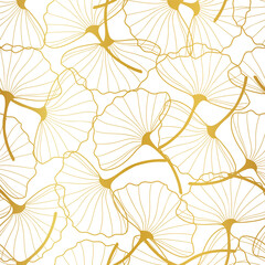 Ginkgo leaves seamless pattern gold outline on white background