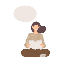 Young cheerful female sitting and reading book with blank speech bubble for message, information, announcement. Concept of student preparing for exam, reader, book lover. Flat vector illustration.