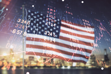 Multi exposure of creative statistics data hologram on USA flag and blurry skyscrapers background, stats and analytics concept