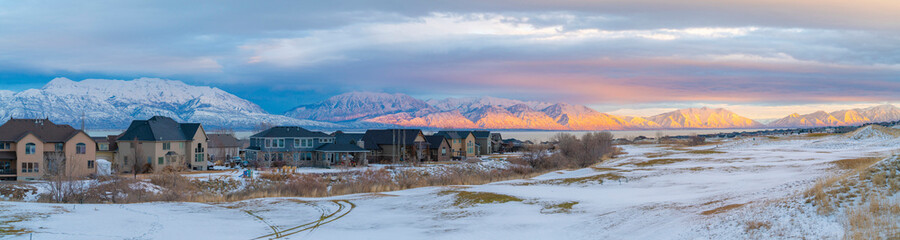 Snow covered field outside the residential area at Saratoga Springs in Utah