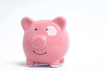 The piggy bank smiling in the white background.