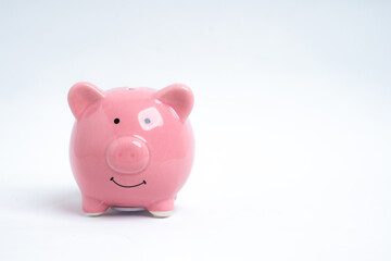The piggy bank smiling in the white background.