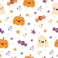 Halloween seamless pattern. Cute pumpkins and sweets. Child pattern
