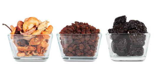 set of dried fruits, raisins and prunes isolated on white background