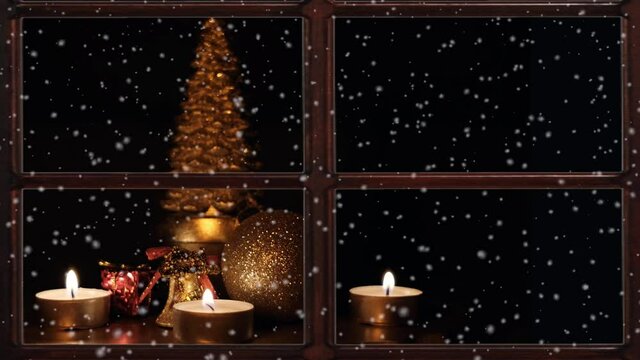 Christmas greeting card - Christmas tree, ornaments, candles near the window and snow outside
