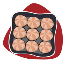 Isolated dish of fish ball on white background. Hot pot set top view. Uncooked meat, Asian food ingredients vector illustration.  