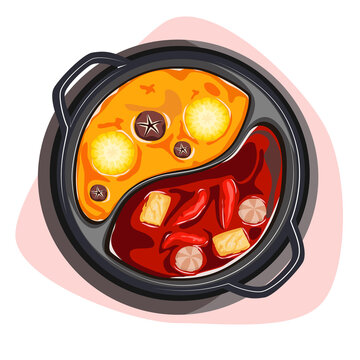 Hot pot. Isolated two flavour hot pot soup on white background. Top view chalu pot vector illustration.