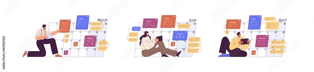 Poster People plan schedules in online calendar with mobile phone app. Person setting tasks to do, reminder and note in business planner in smartphone. Flat vector illustrations isolated on white background
