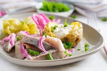 Herring with baked potato, onions and pickled cucumber on a plate. Traditional cuisine.