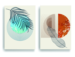 Modern poster with minimalist design elements . Grunge textured circles in Boho style  . Wall art , home deco . Vector abstract shape.