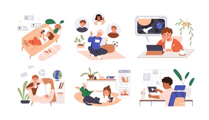 Children at home with phones and tablets set. Kids studying online, surfing social media, playing game, chatting by video call and use internet. Flat vector illustrations isolated on white background