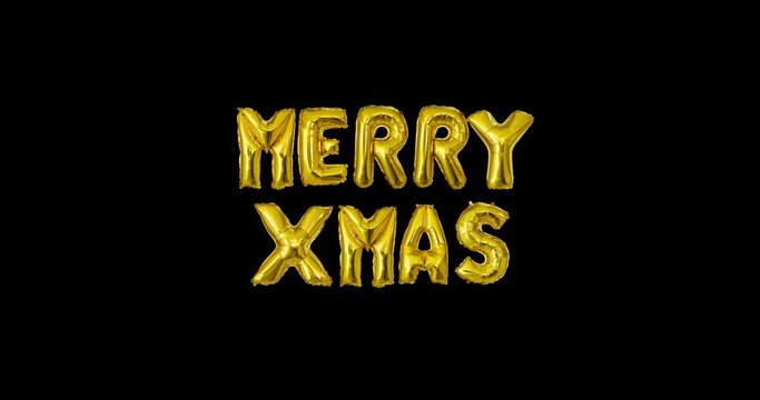 Merry Xmas Balloon Letters Floating on Isolated Black Background