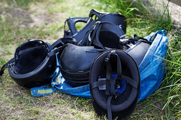 Umea, Norrland Sweden - August 21, 2021: riding helmets and other things needed