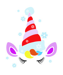 Unicorn face with christmas hat and snowflakes