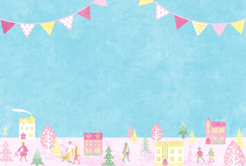 春の桜と街並みと人々のベクターイラスト背景