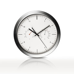 Large, round, silver-framed wall clock. White dial. Wall clock isolated on white background.