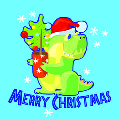 Christmas greeting with cute tyrannosaurus rex with christmas tree