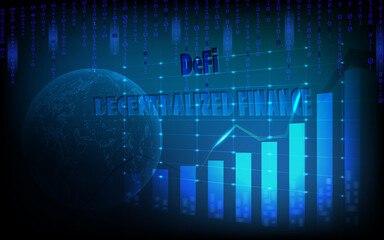 Decentralized Finance DeFi inscription on the background of the tunnel and binary code