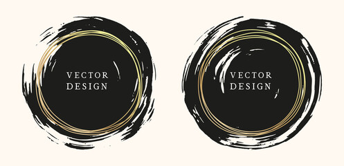 Set of two grunge brush stroke round elements. Circle painted background decorated by hand-drawn golden frames. 