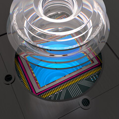 Digital camera sensor on printed circuit board with optic elements, crop close-up, 3D rendering
