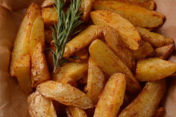 Baked, fried  potato  wedges with spices and rosemary