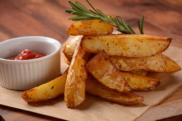 Baked, fried  potato  wedges with spices and rosemary