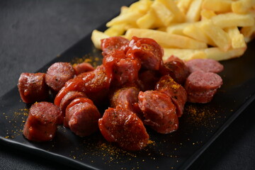 Currywurst Sausages with French fries. Traditional German currywurst  sausages with Curry spice on wursts served with pommes.