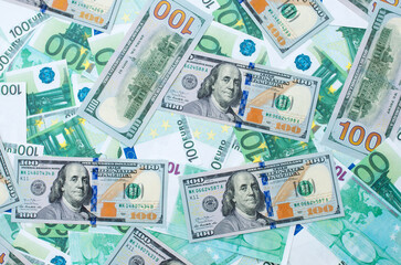 Money US dollars and Euro banknotes, different monetary bills, a lot of different money finance banknotes of different countries