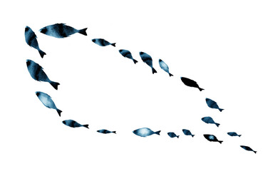 Silhouettes of groups of  fishes on white. Watercolor. Black and white