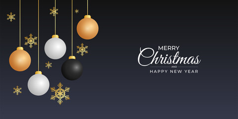 Christmas banner golden white and black balls with golden shonoflacke