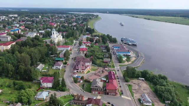City of Myshkin. Aerial view of the Assumption Cathedral. Russia. High quality 4k footage