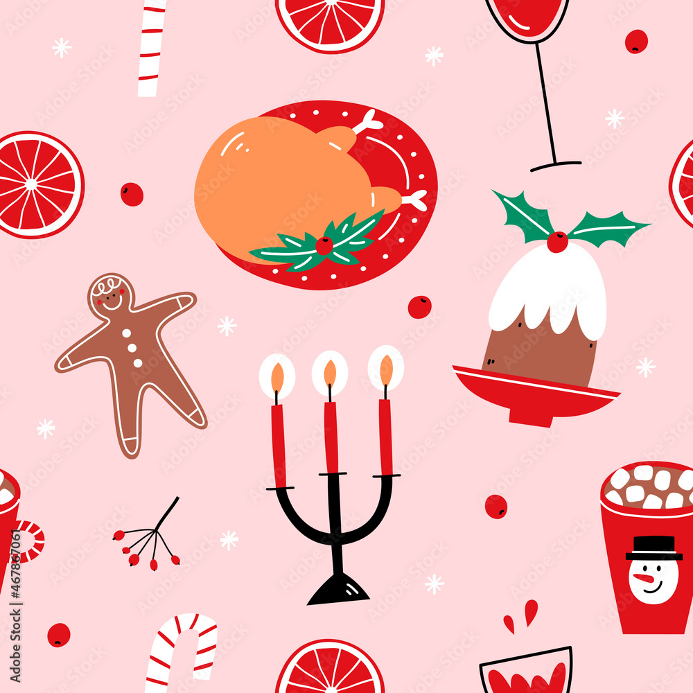 Wall mural seamless pattern with traditional christmas food on pink background.