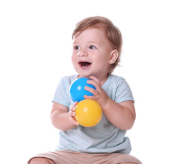 Fototapeta na wymiar Cute little boy with colorful balls isolated on white