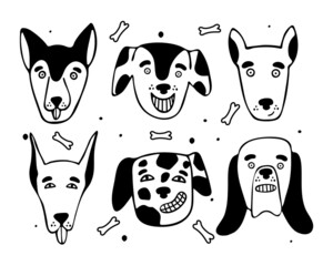 Collection of different breeds of dogs in doodle style. Vector cartoon illustration.